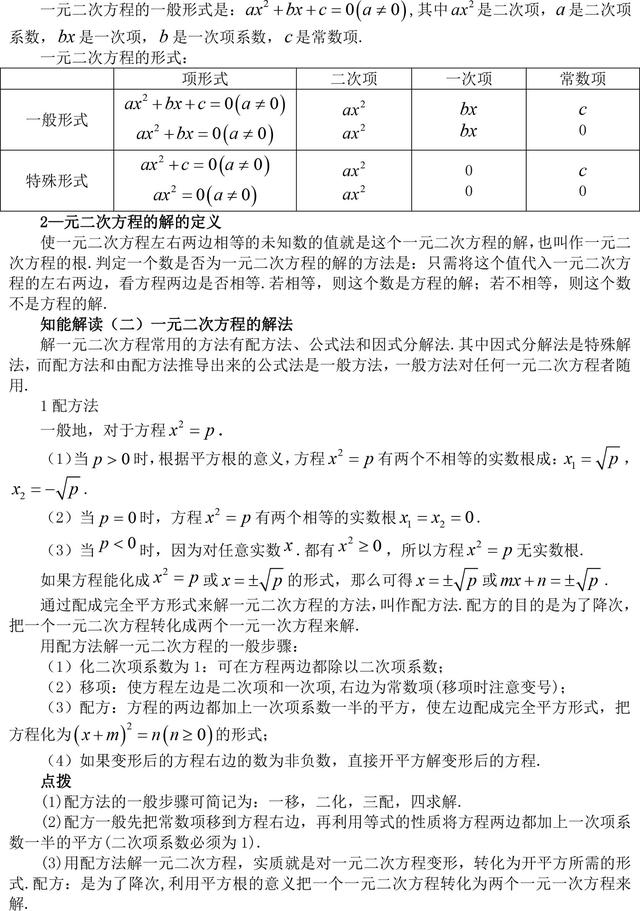 初中数学一元二次方程知识点总结（含方法技巧归纳，易错辨析）