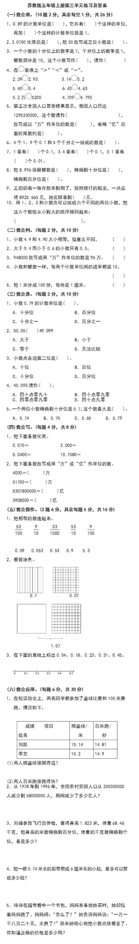 1-6年级数学第三单元测试卷及答案（苏教版），时刻掌握孩子学习！