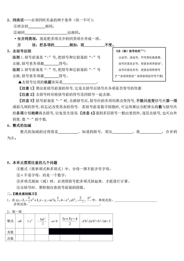 人教版七年级上学期末复习知识点和重要习题