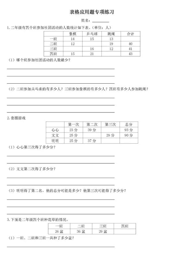 北师大版二年级上册数学表格应用题专项练习