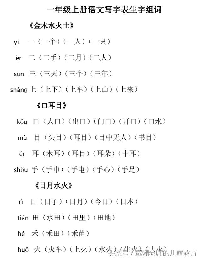 一年级语文上册《生字组词》各单元都有