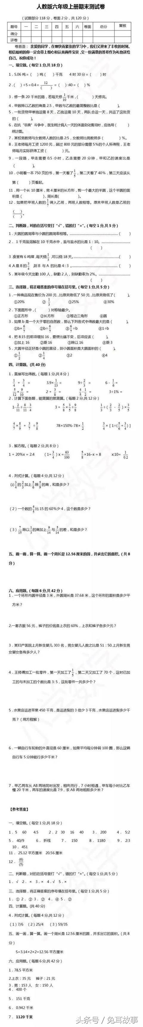 1-6年级数学期末卷！经典题型