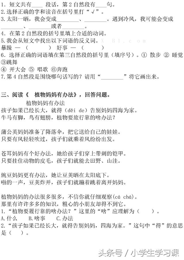 二年级语文上册《课内阅读》专项复习及答案、贴合教材紧跟课堂！