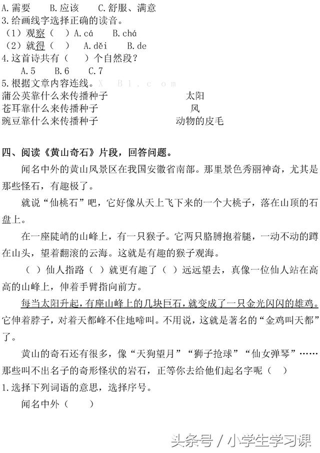 二年级语文上册《课内阅读》专项复习及答案、贴合教材紧跟课堂！