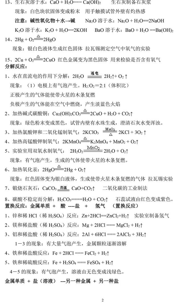 初中化学方程式+实验现象全汇总，期末考试前一定要过一遍！