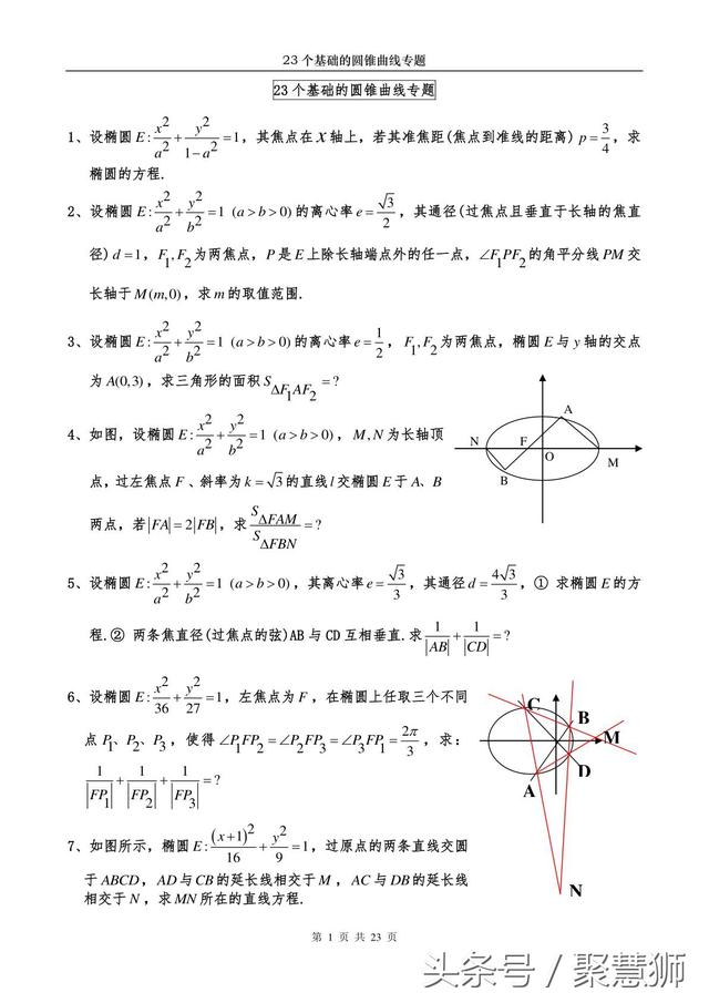 高中数学解析几何：23个基础的圆锥曲线问题 专题破解讲座