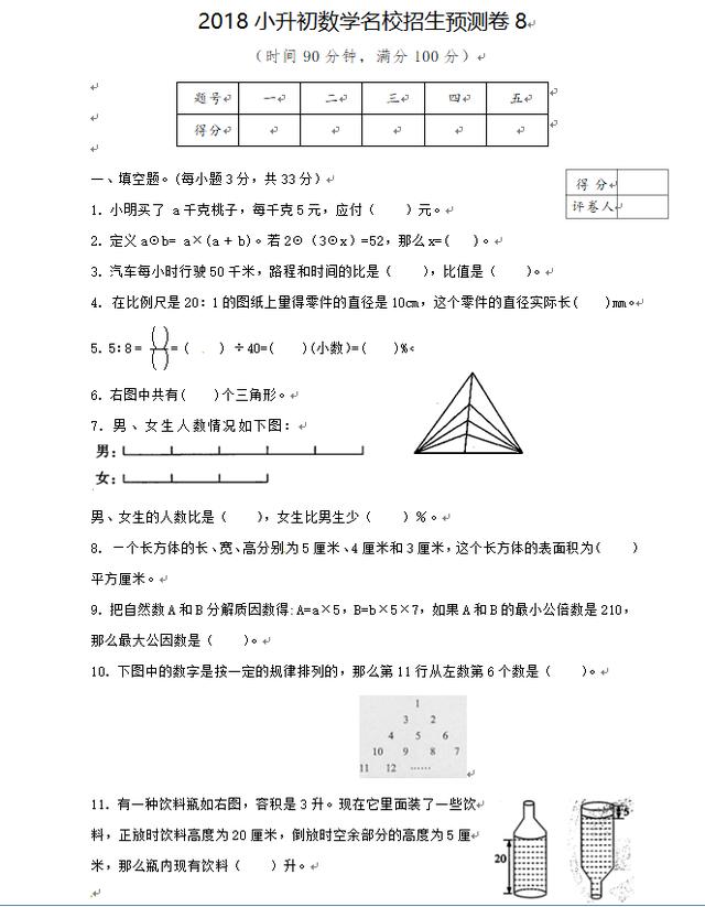 小升初数学招生预测试卷 高清 可打印