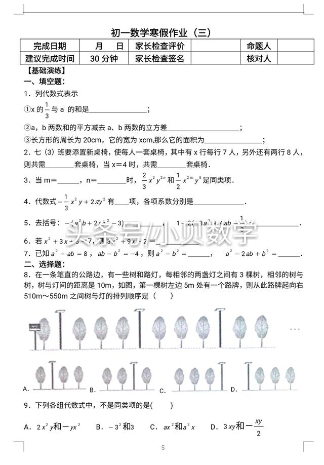 寒假作业：苏教版七年级数学假期作业含答案