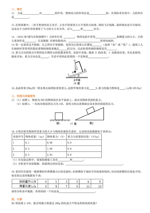 人教版初二物理下学期第一章：力，单元经典习题与答案详解