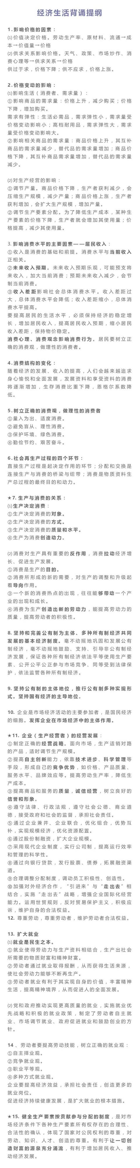 高中政治丨必修课背诵提纲整理大全