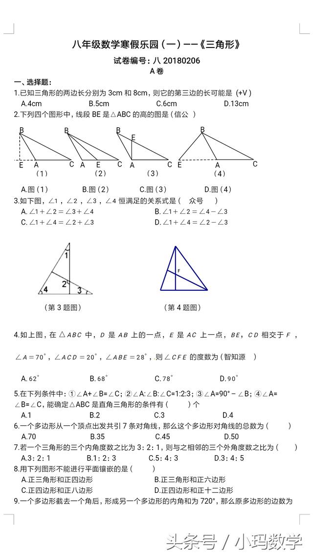 八年级数学寒假乐园试卷之三角形，带回家让孩子巩固一下吧