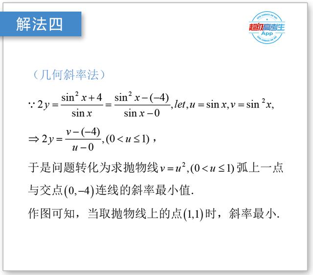 高中数学一题4解，三角函数求最小值，最后一个方法不容易想到