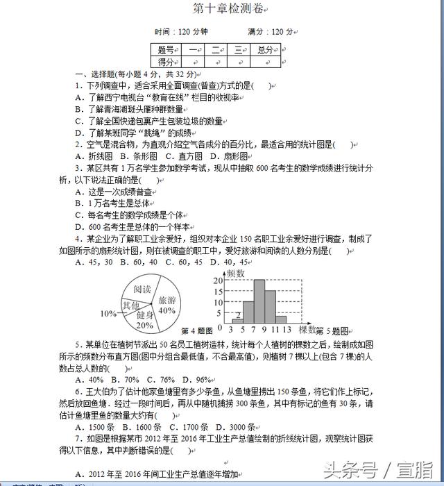 七年级下《第十章数据的收集、整理与描述》单元检测试卷含答案