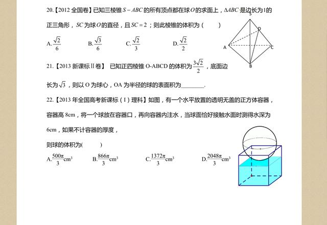 空间几何体的面积和体积、三视图、直观图、球