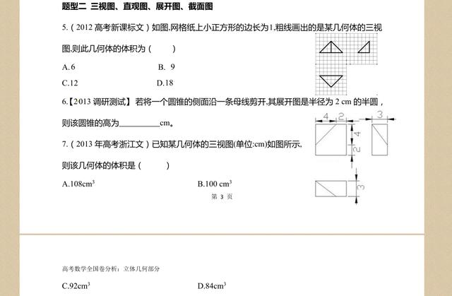 空间几何体的面积和体积、三视图、直观图、球