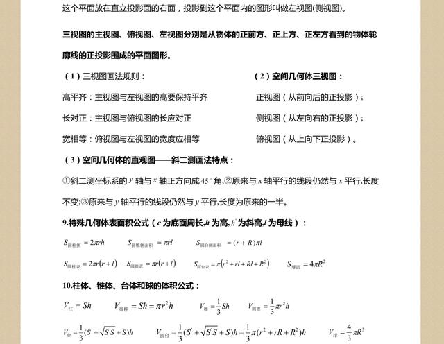 空间几何体的面积和体积、三视图、直观图、球