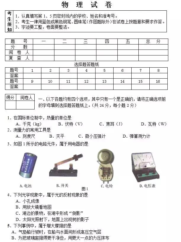 会考真题 | 2016年初中物理毕业会考试题（附答案）