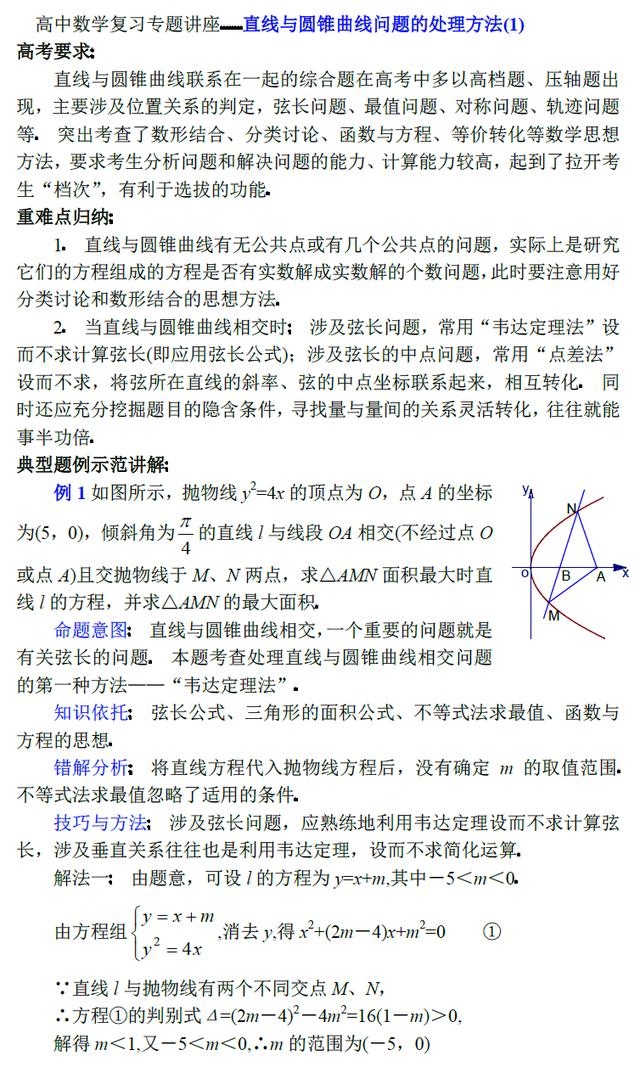 高中数学复习专题讲座 直线与圆锥曲线问题的处理方法(1)