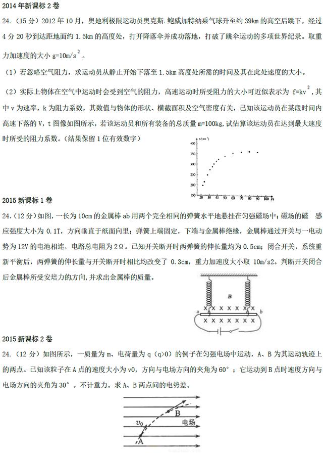 高考理科综合新课标全国卷计算题24题全面总结