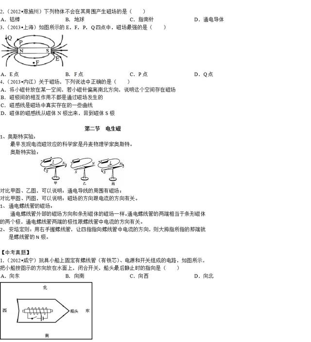 九年级物理 磁场 电生磁 知识汇总+中考真题