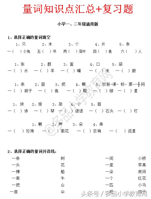 《量词填空》小学一、二年级量词练习题很关键知识点总结复习大全