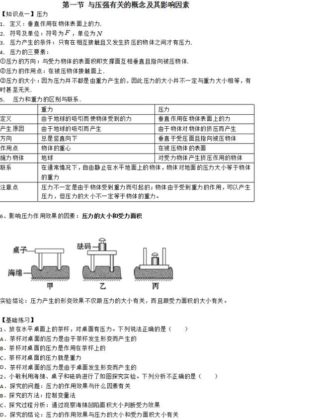 八年级物理下册 人教版第九章第一节《压强》预习方案+习题答案