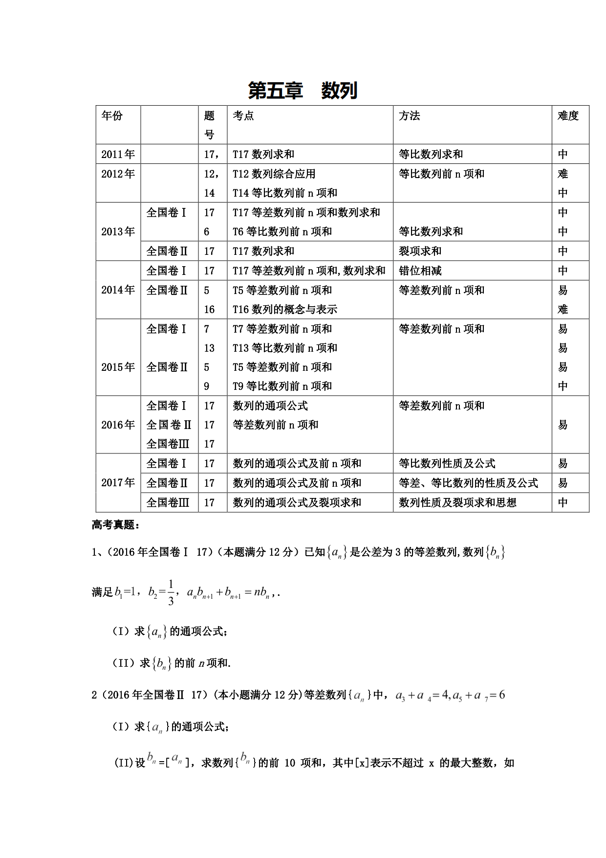 高中：数列-近五年全国卷文数汇总（带答案)