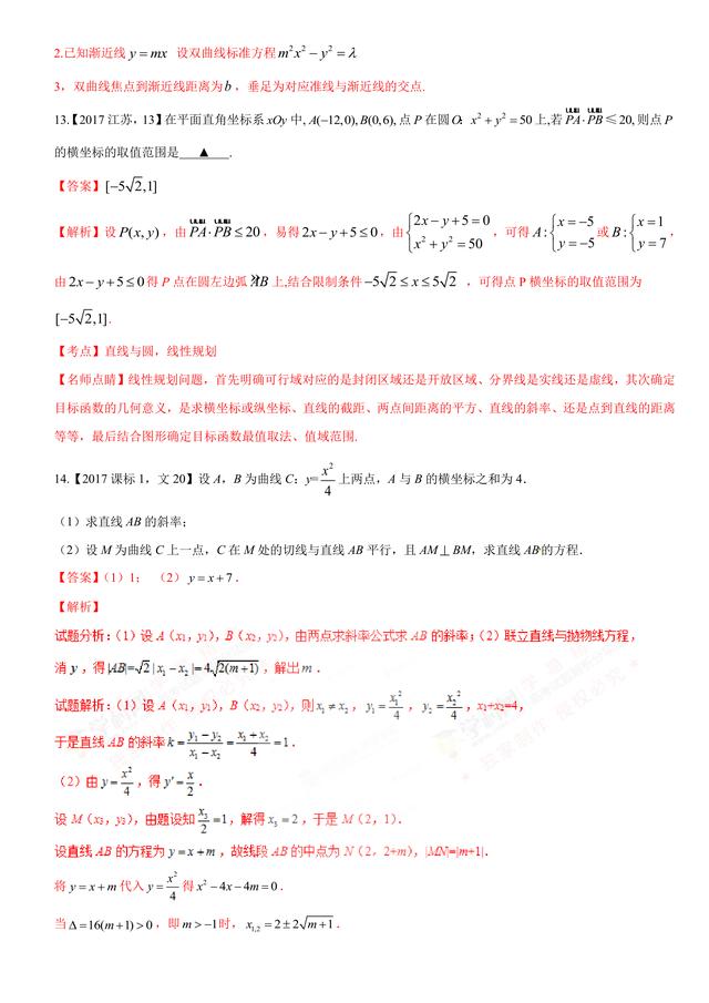 2017高考数学（文）试题汇编与解析：解析几何