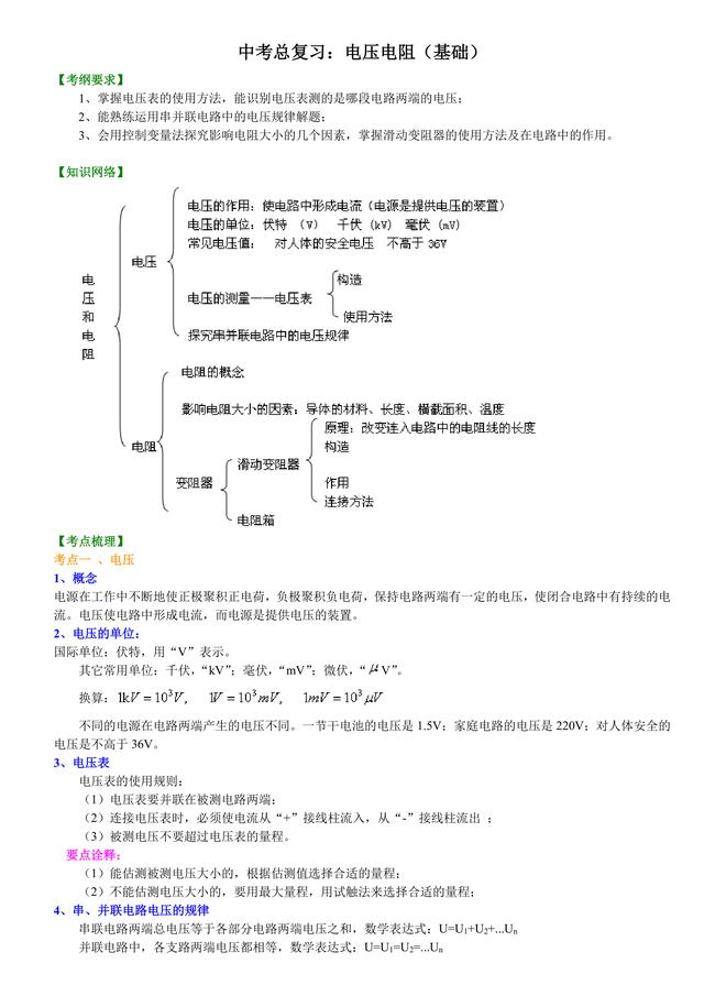 中考物理总复习冲刺：电压电阻详细解析