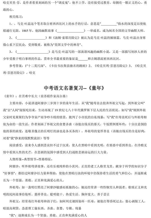 中考语文名著必考考点整理，知识点+练习题，高分必备！