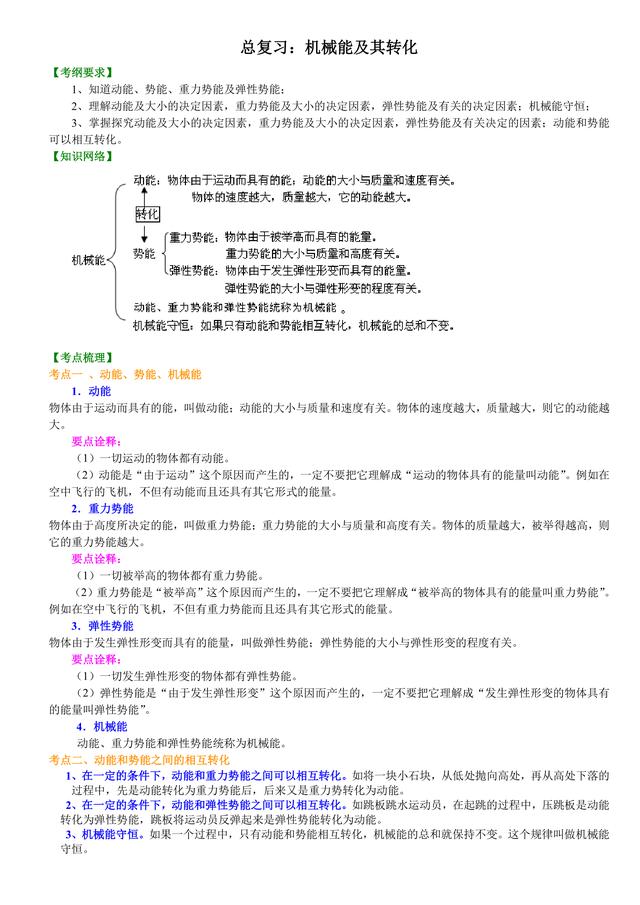 中考物理总复习冲刺：机械能及其转化知识点详细解析