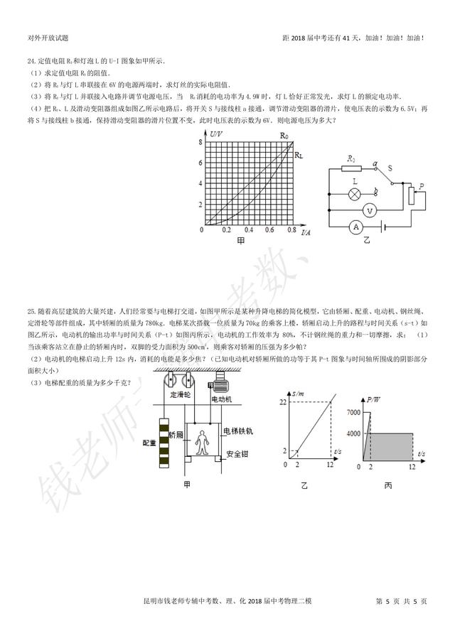 2018届钱老师专辅中考数理化中考物理二模试卷（A）