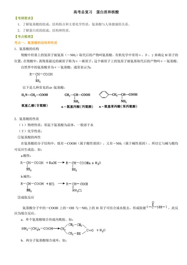 高考化学总复习冲刺：蛋白质，核酸知识点详细解析