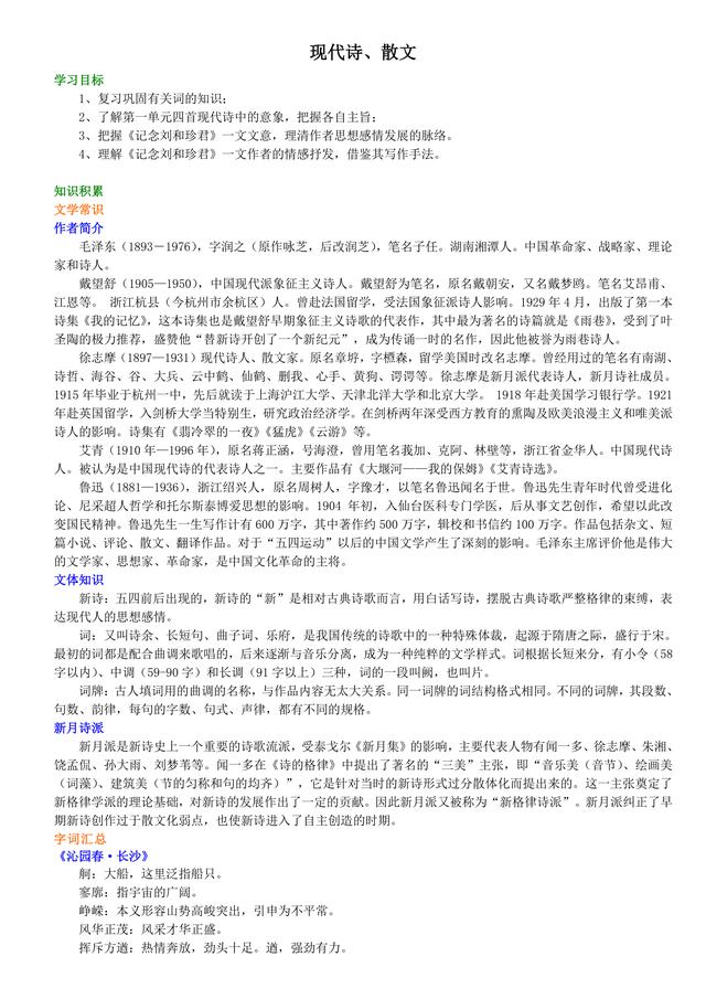 高考语文总复习冲刺：现代诗及散文知识点详细解析