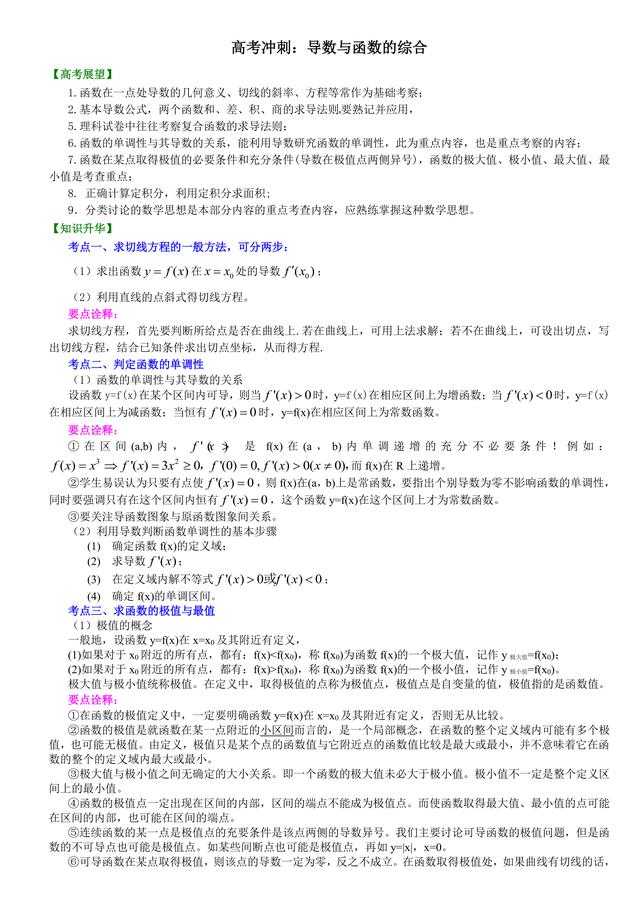 高考数学总复习冲刺：导数和函数的综合知识点详细解析