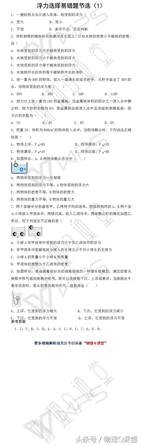 八下期末浮力经典选择易错题，再刷一遍，看你懂了没有！