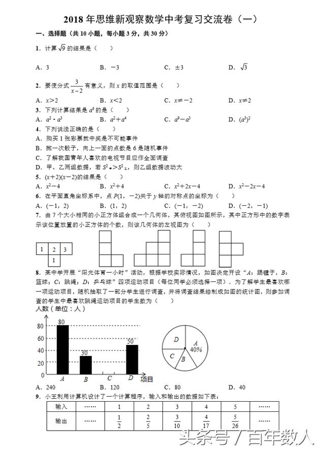 2018中考数学思维新观察强化训练试卷（一）