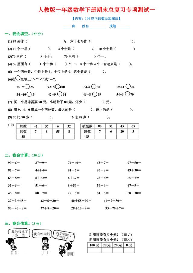 人教版数学一年级（下）专项复习测试资料汇总