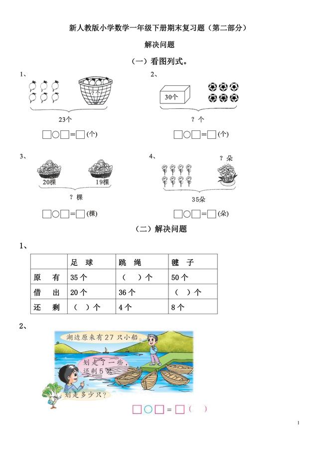 人教版一年级（下）数学分单元总复习资料（下半部分）