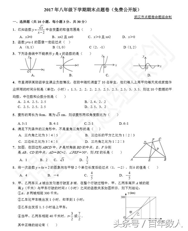 八年级下学期数学期末原创精品点题试卷（点题卷命题组制）