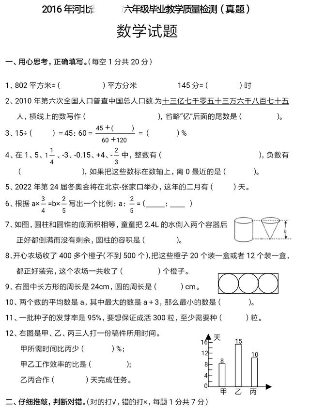 某市小升初数学毕业考试真题（市统考）比较难，孩子能做多少分？