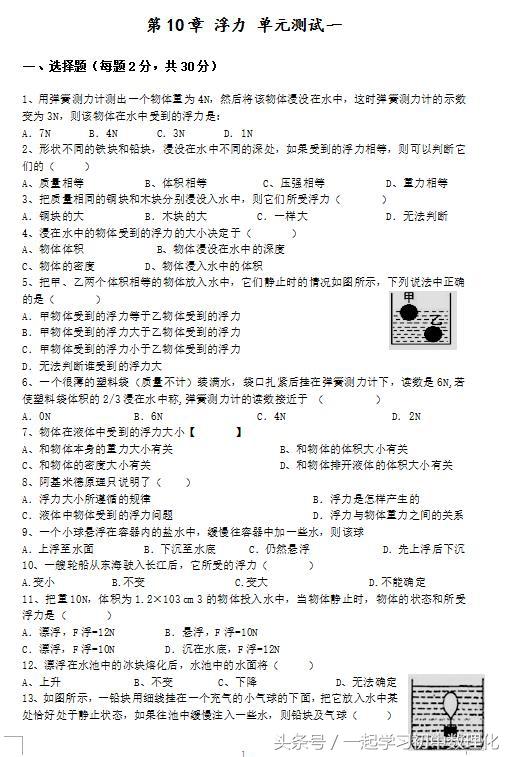 人教版八年级物理（下）第十章 浮力 单元测试