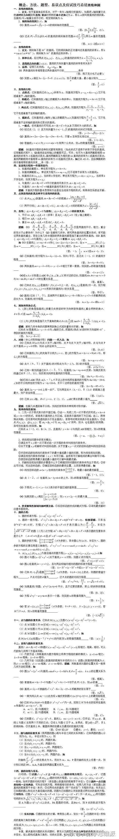 高中数学：概念、方法、题型、易误点及应试技巧总结之直线和圆