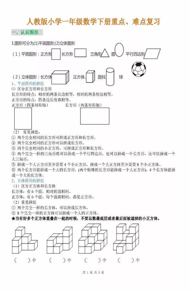 「期末复习」人教版小学一年级数学下册重点、难点汇总