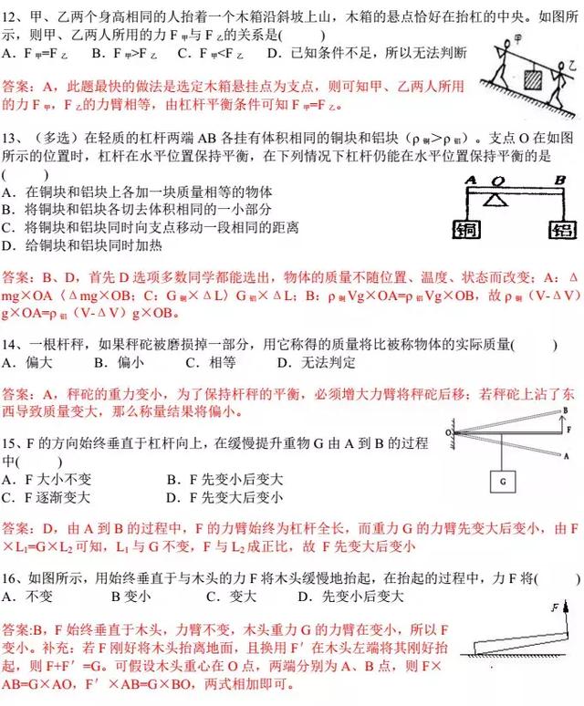 初中经典知识点——杠杆解析及经典考题，期末复习必备！