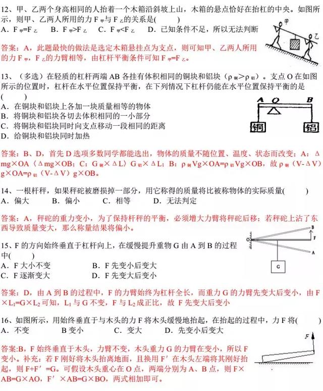 初中经典知识点——杠杆解析及经典考题，期末复习必备！