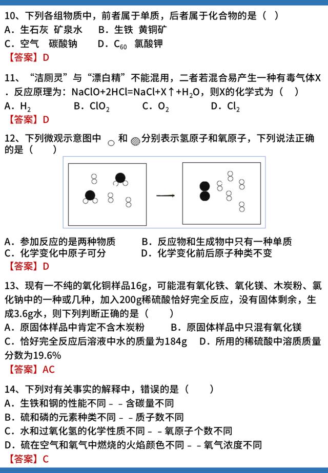 「中考化学」考前预测36道选择题，小伙伴们利用碎片时间多多揣摩