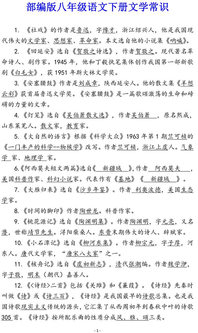 部编版八年级语文下册文学常识汇总，替孩子收藏了，期末考前看看