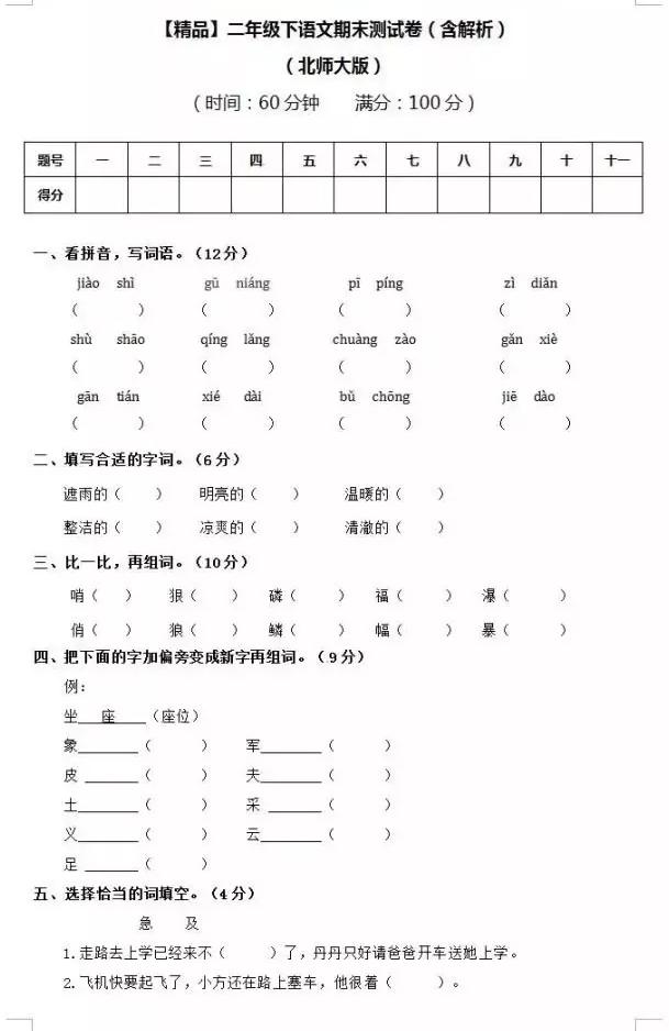 小学“语文期末试卷”！1—6年级全部到手！小学家长不用愁了！