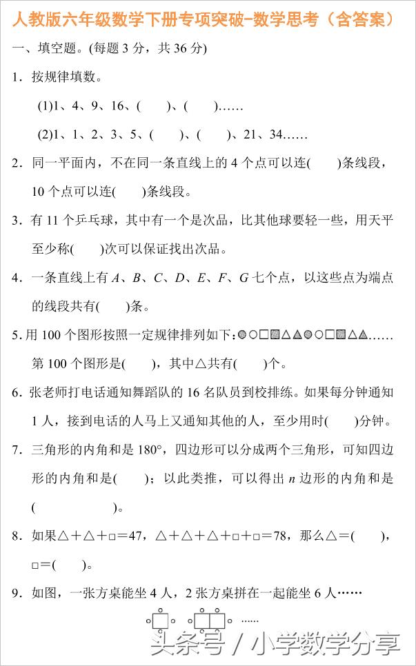 人教版六年级数学下册专项突破-数学思考（含答案）619